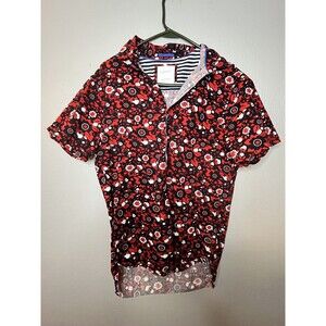 Denim & Flower Button Up Shirt Mens Med Red Floral Short Sleeve Casual Cotton